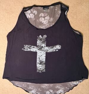 Torrid Black Floral Cross Tank Top Size 0 (US 12) Chiffon Overlay High Low Hem